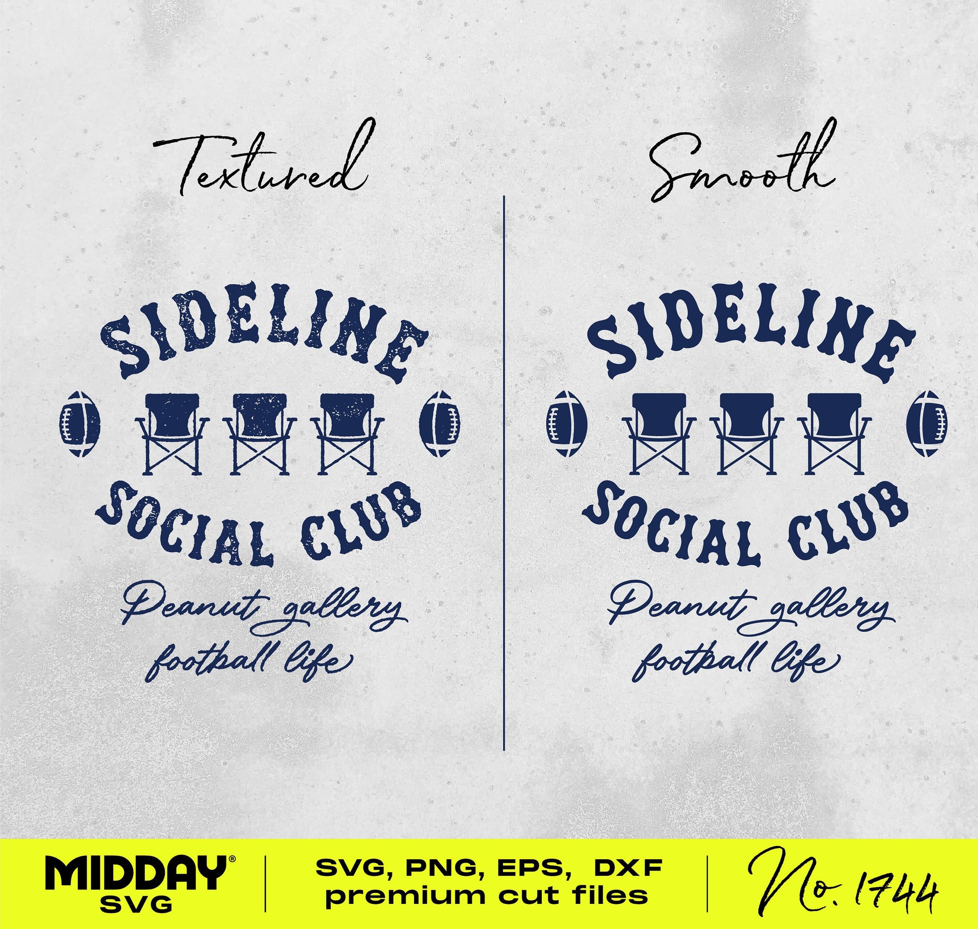 Sideline Social Club football SVG design with textured and smooth styles, featuring chairs and footballs; perfect for football family shirts.