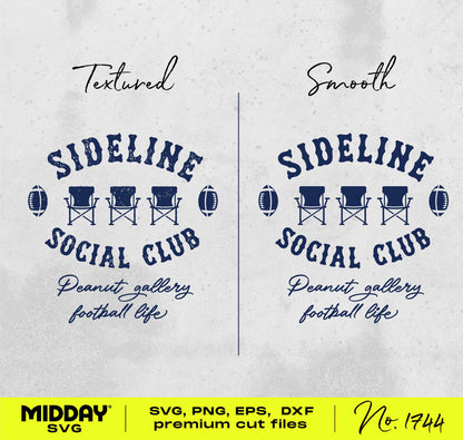 Sideline Social Club football SVG design with textured and smooth styles, featuring chairs and footballs; perfect for football family shirts.