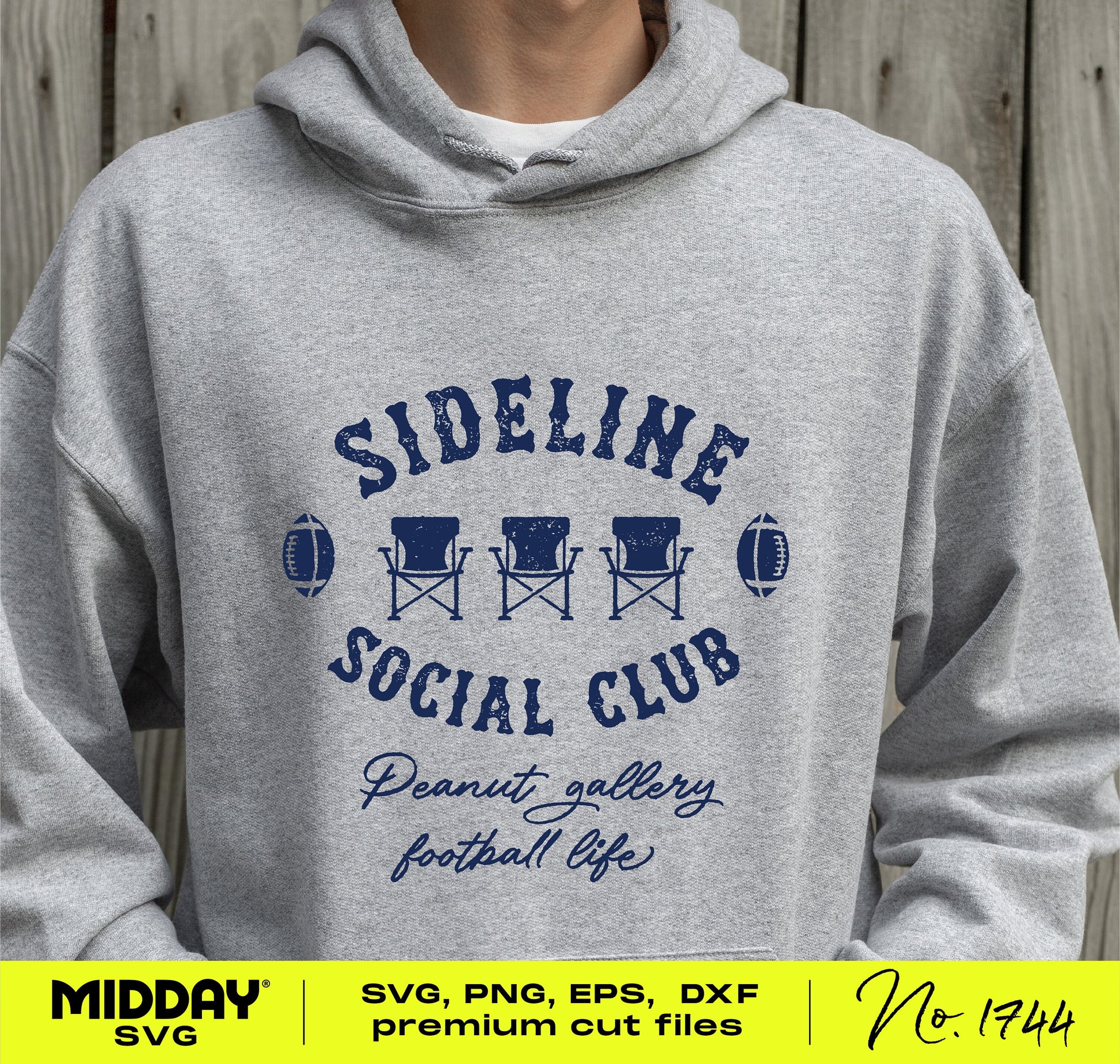 Gray hoodie with 'Sideline Social Club' football design for moms, dads, and fans, perfect for sidelines cheering. Available in SVG/PNG.