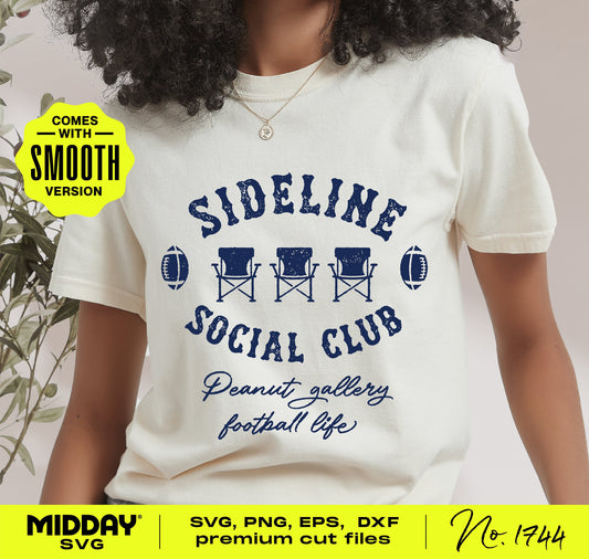 Funny "Sideline Social Club" football shirt design for football moms and dads, featuring SVG/PNG graphics with chairs and footballs.