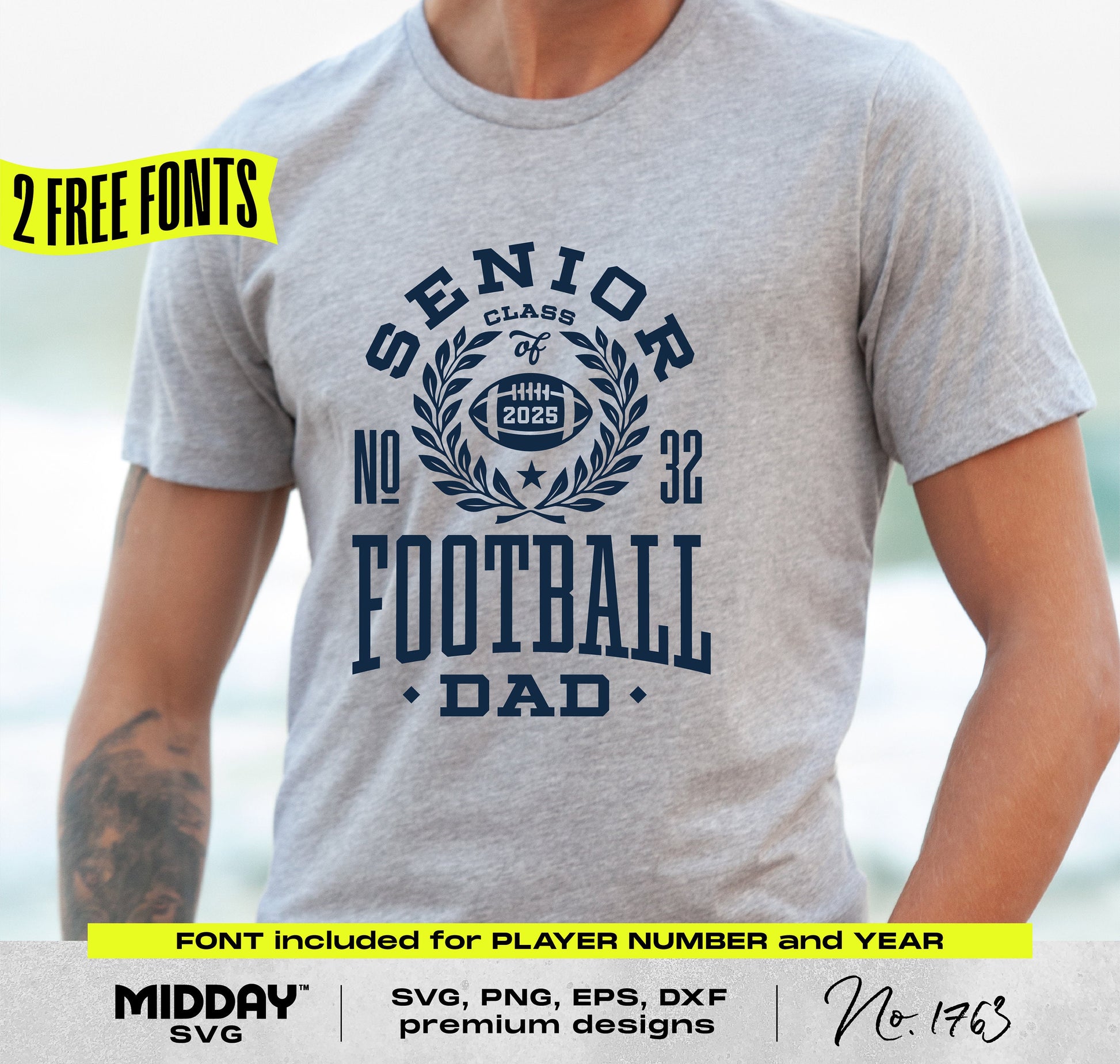 Man wearing a gray t-shirt with 'Senior Class of 2025 Football Dad' design, showcasing varsity graduation cut file for Cricut and Silhouette.