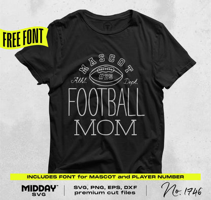 Black Football Mom shirt design template with customizable mascot and player number, includes free font for Cricut and Silhouette.