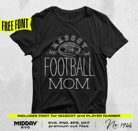 Black Football Mom shirt design template with customizable mascot and player number, includes free font for Cricut and Silhouette.