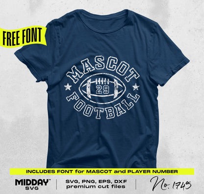 Rustic football team shirt design featuring 'Mascot Football' text, customizable with player number. Includes free font, SVG/PNG files.