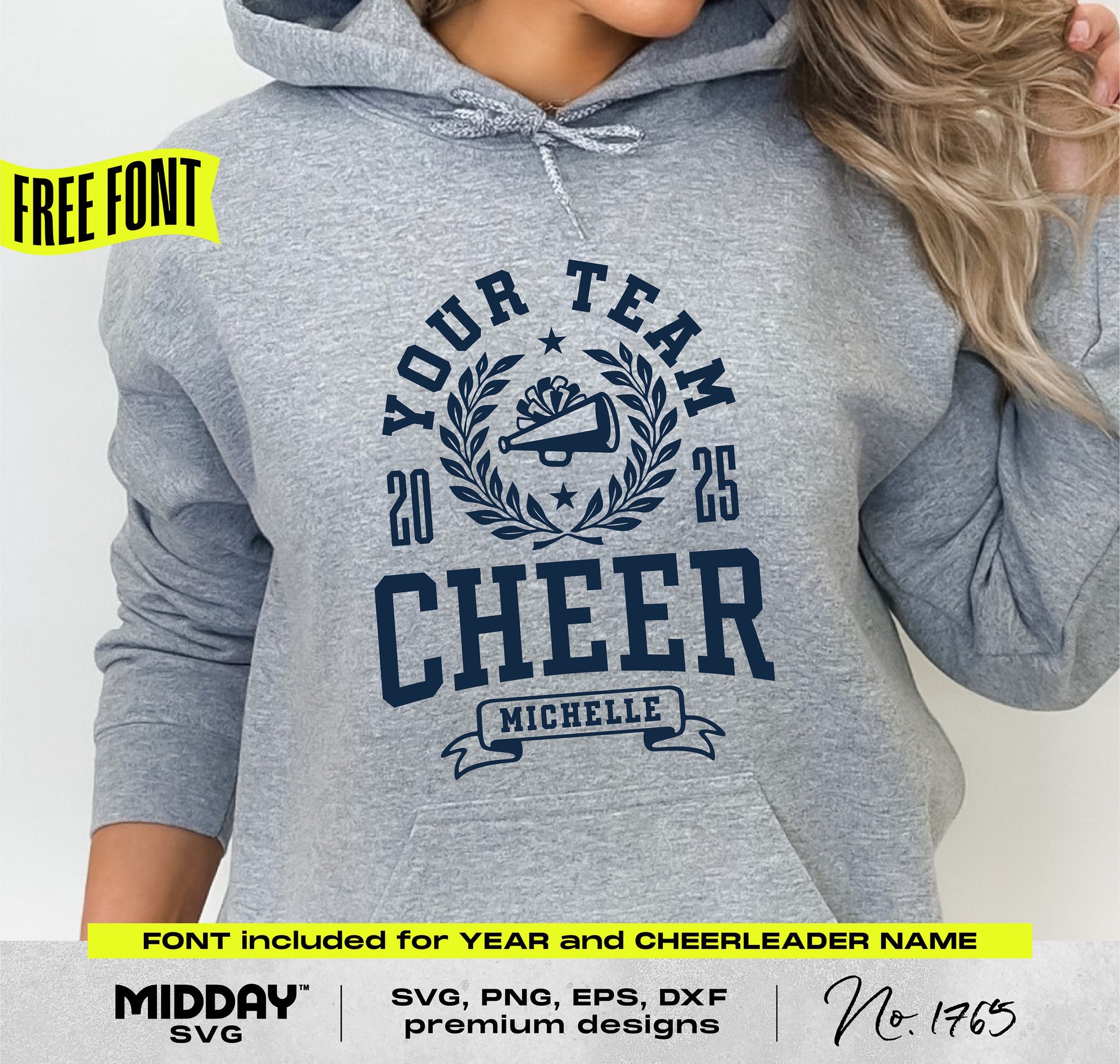 Cheer Team Template Hoodie with customizable name and year, featuring collegiate style SVG design for Cricut and sublimation projects.