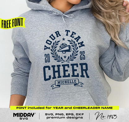 Cheer Team Template Hoodie with customizable name and year, featuring collegiate style SVG design for Cricut and sublimation projects.