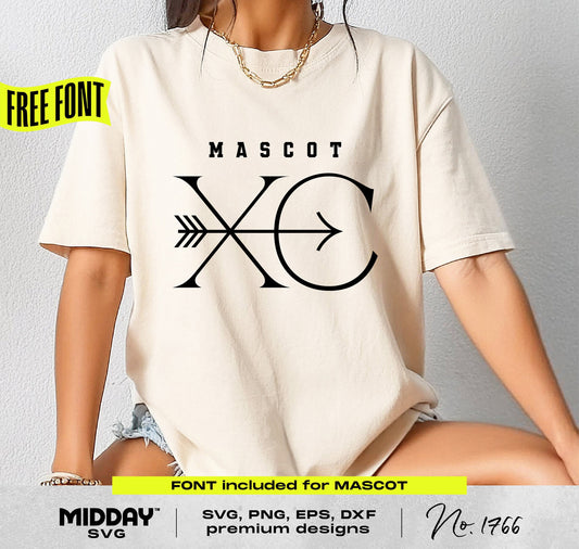 Person wearing XC shirt featuring cross country SVG design, sitting casually. Includes free font for customization.