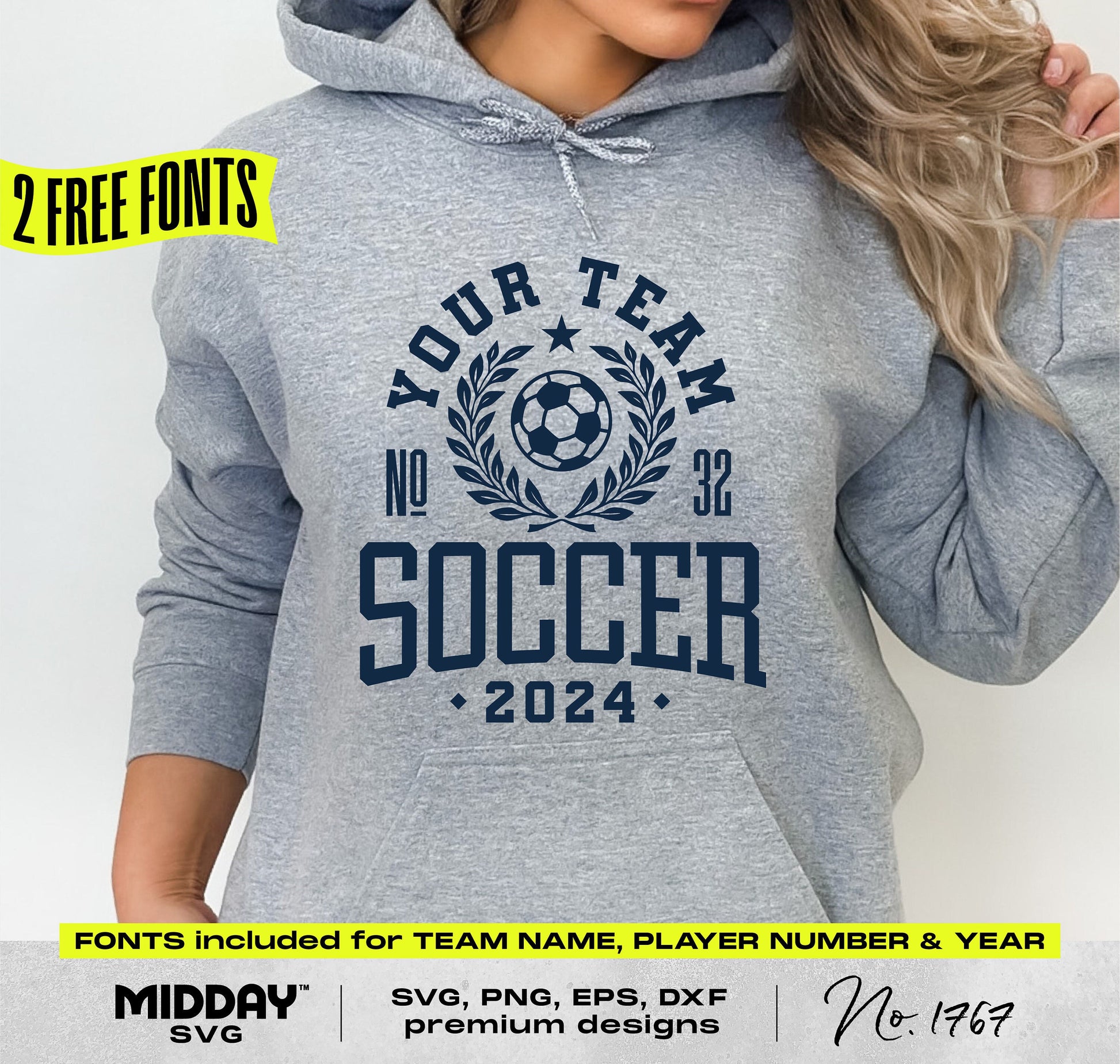 Gray hoodie featuring customizable soccer team design with year 2024 for Cricut and Silhouette, includes fonts and file formats SVG, PNG.