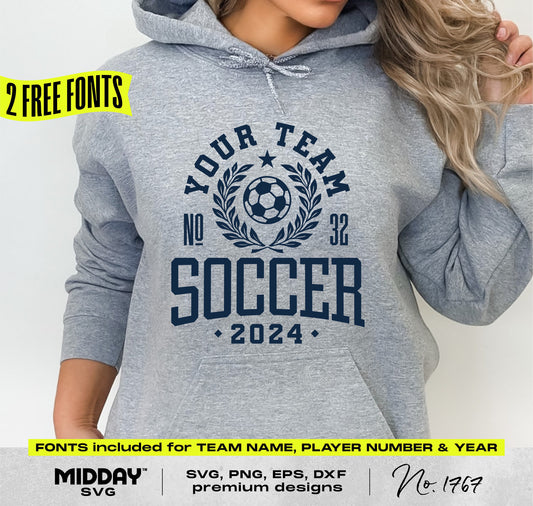 Gray hoodie featuring customizable soccer team design with year 2024 for Cricut and Silhouette, includes fonts and file formats SVG, PNG.
