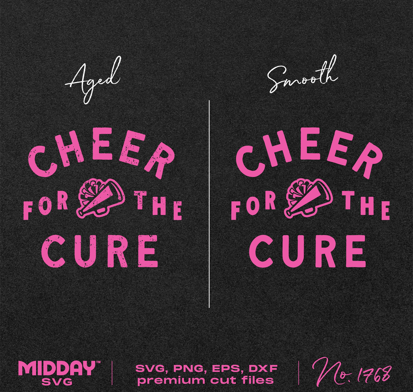 Cheer For The Cure SVG design in two styles, aged and smooth, ideal for DIY breast cancer awareness shirts and cheer team clothing.