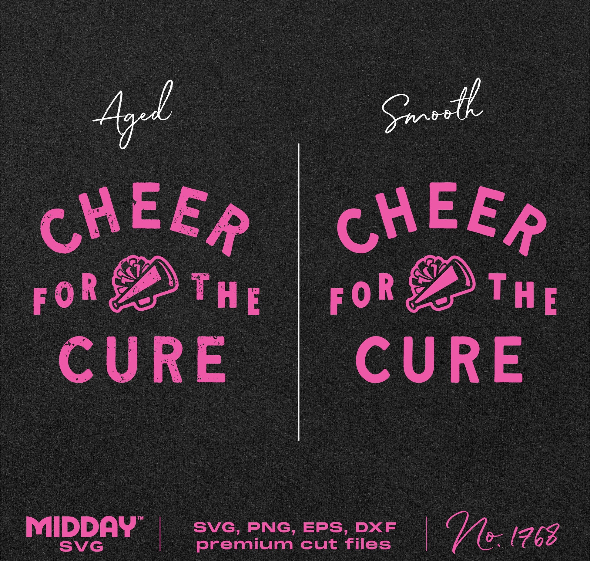 Cheer For The Cure SVG design in two styles, aged and smooth, ideal for DIY breast cancer awareness shirts and cheer team clothing.