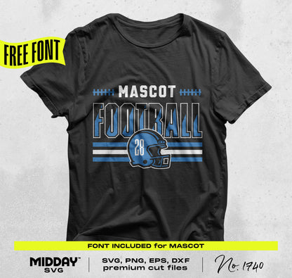 Football team shirt with custom mascot design and blue helmet graphic, includes free font for crafting, SVG PNG cut files available.