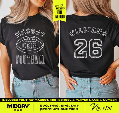 Woman wearing custom football team shirt with mascot and player name design, showcasing SVG cut file bundle for apparel crafting.