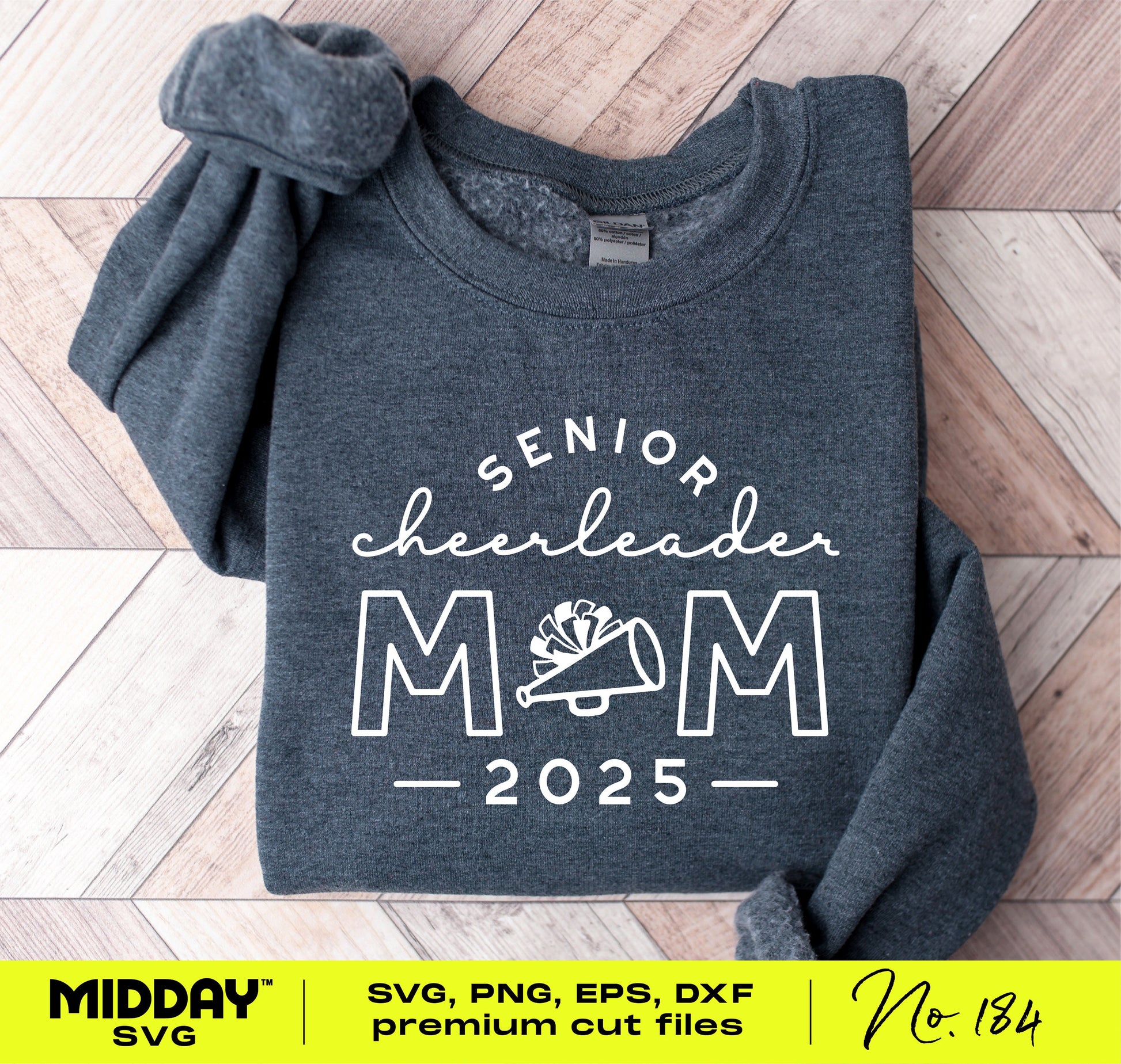 Senior Cheerleader Mom 2025 shirt design with SVG, PNG, EPS, DXF premium cut files for Cricut and Silhouette.