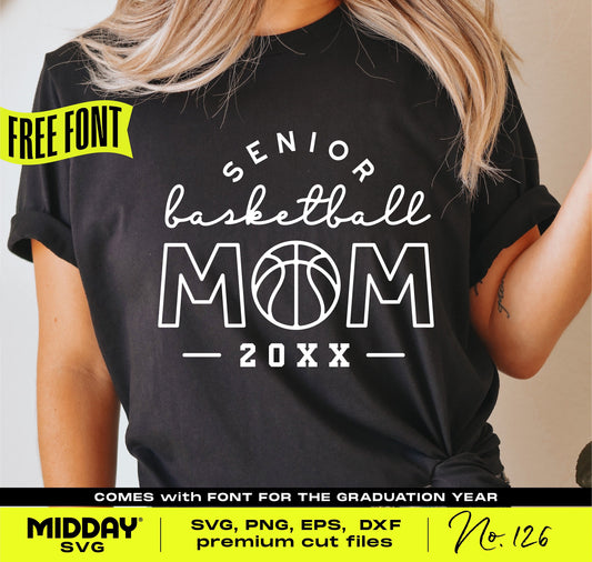 Senior Basketball Mom shirt design with free font, ideal for Cricut and Silhouette, includes svg, png, dxf, eps formats.