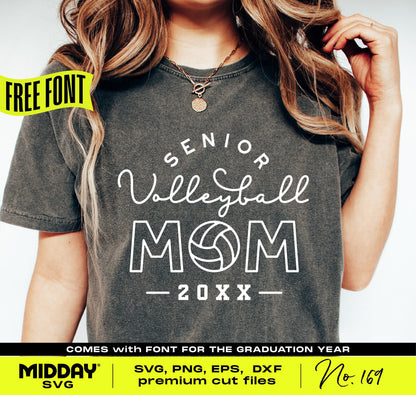 Senior Volleyball Mom shirt design for Cricut and Silhouette, featuring text and volleyball graphic. Includes SVG, PNG, EPS, DXF files.