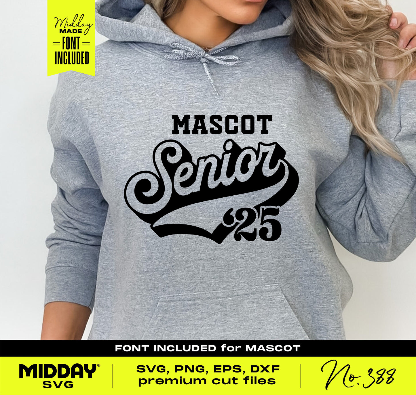 Sporty Senior 2025 Mascot SVG design on gray hoodie, perfect for graduation crafting with Cricut and Silhouette.