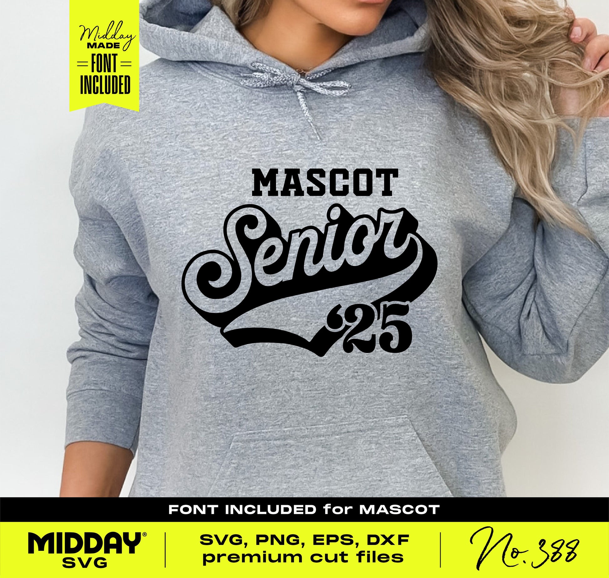 Sporty Senior 2025 Mascot SVG design on gray hoodie, perfect for graduation crafting with Cricut and Silhouette.