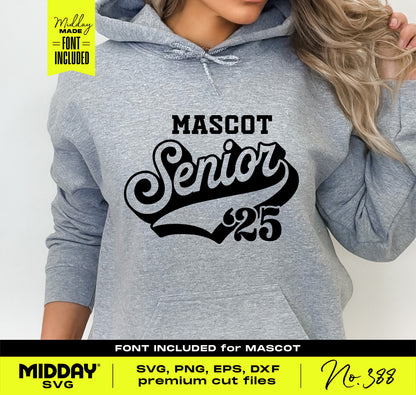 Sporty Senior 2025 Mascot SVG design on gray hoodie, perfect for graduation crafting with Cricut and Silhouette.