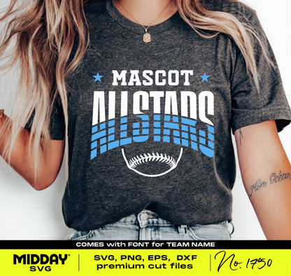 Person wearing a t-shirt with 'Mascot Allstars' baseball logo design, featuring bold lettering and striped pattern, ideal for team apparel.