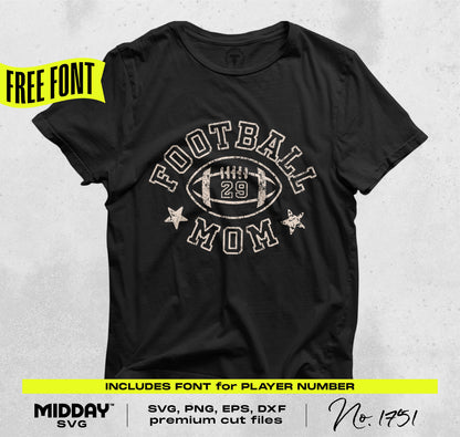 Football Mom shirt design with retro style, player number, and free font inclusion for Cricut SVG, PNG digital download.