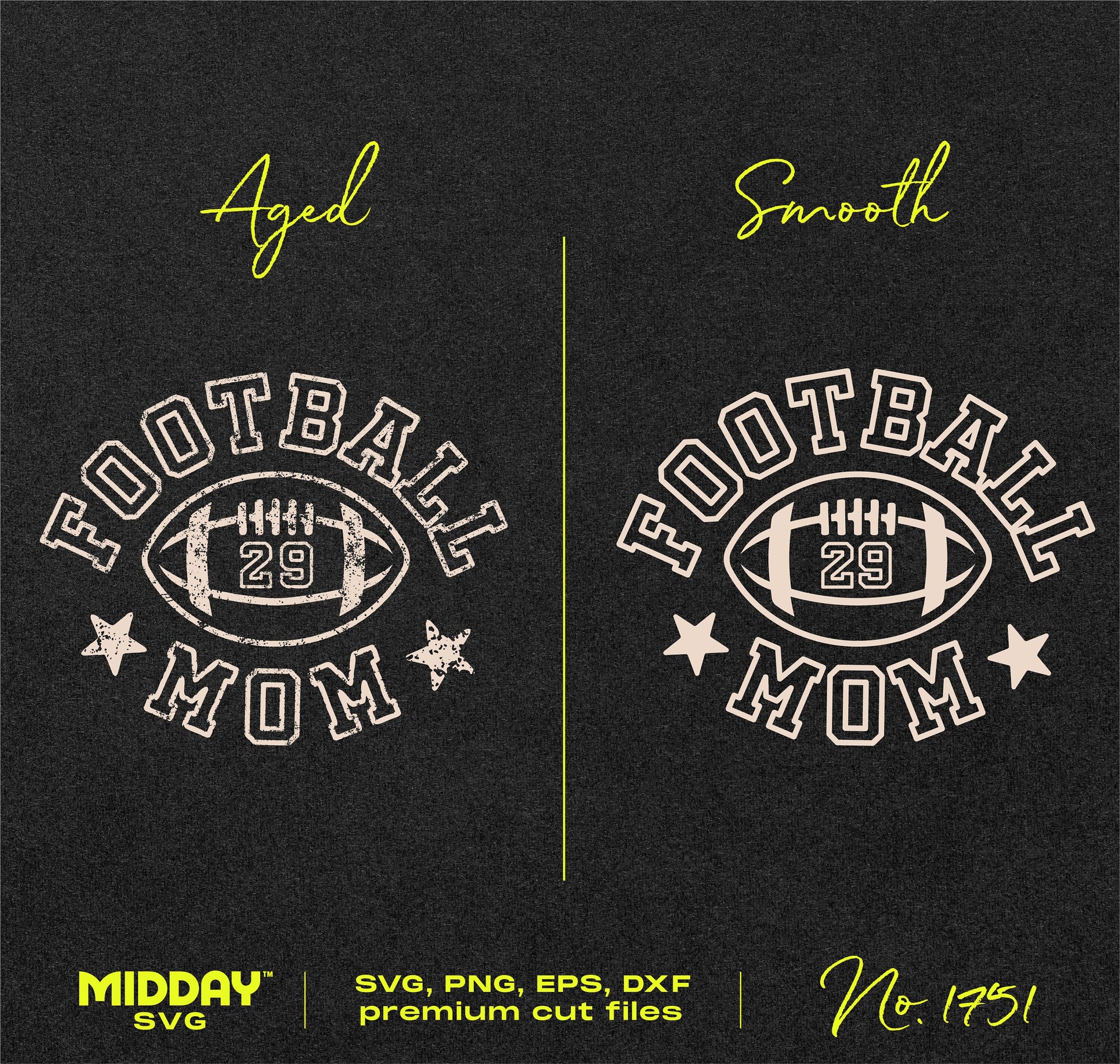 Retro Football Mom SVG designs, aged and smooth styles, digital download for crafting and team shirts, features star accents and player number 29.