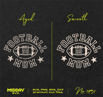 Retro Football Mom SVG designs, aged and smooth styles, digital download for crafting and team shirts, features star accents and player number 29.