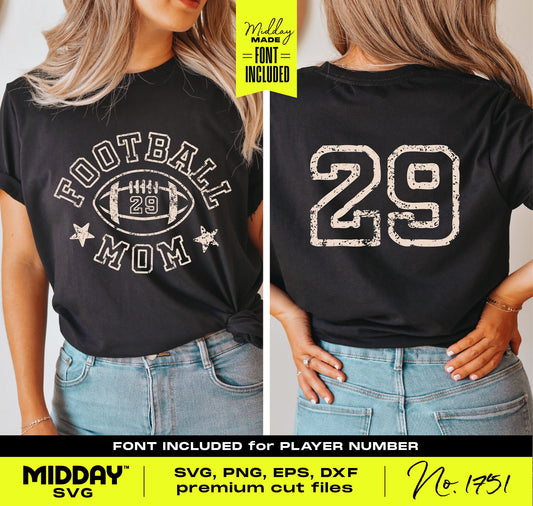 Football Mom SVG design on black shirt with retro '29' player number, for Cricut crafting and DIY team shirts. Font included.