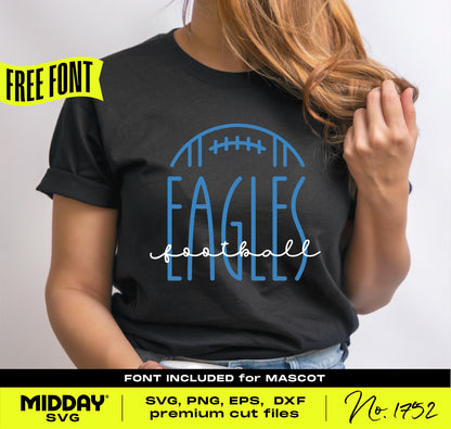 Football team shirt with "Eagles" text and football graphic. Includes free font for mascot. Available in SVG, PNG, EPS, DXF formats.
