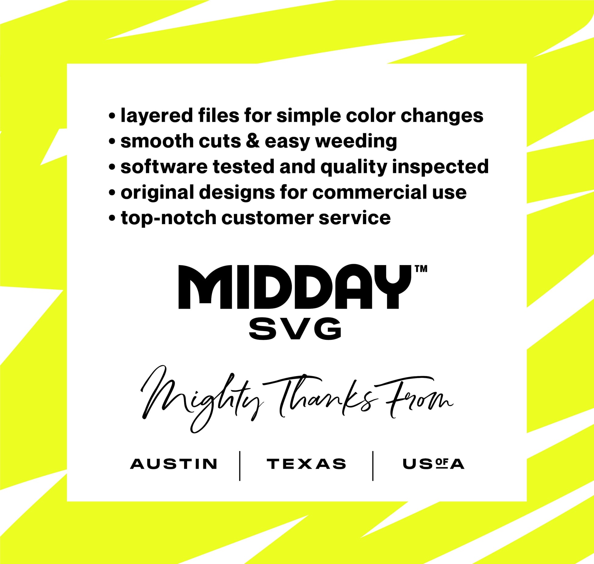 Midday SVG advertisement highlighting features like easy color changes, smooth cuts, original designs, and customer service, based in Austin, Texas, USA.