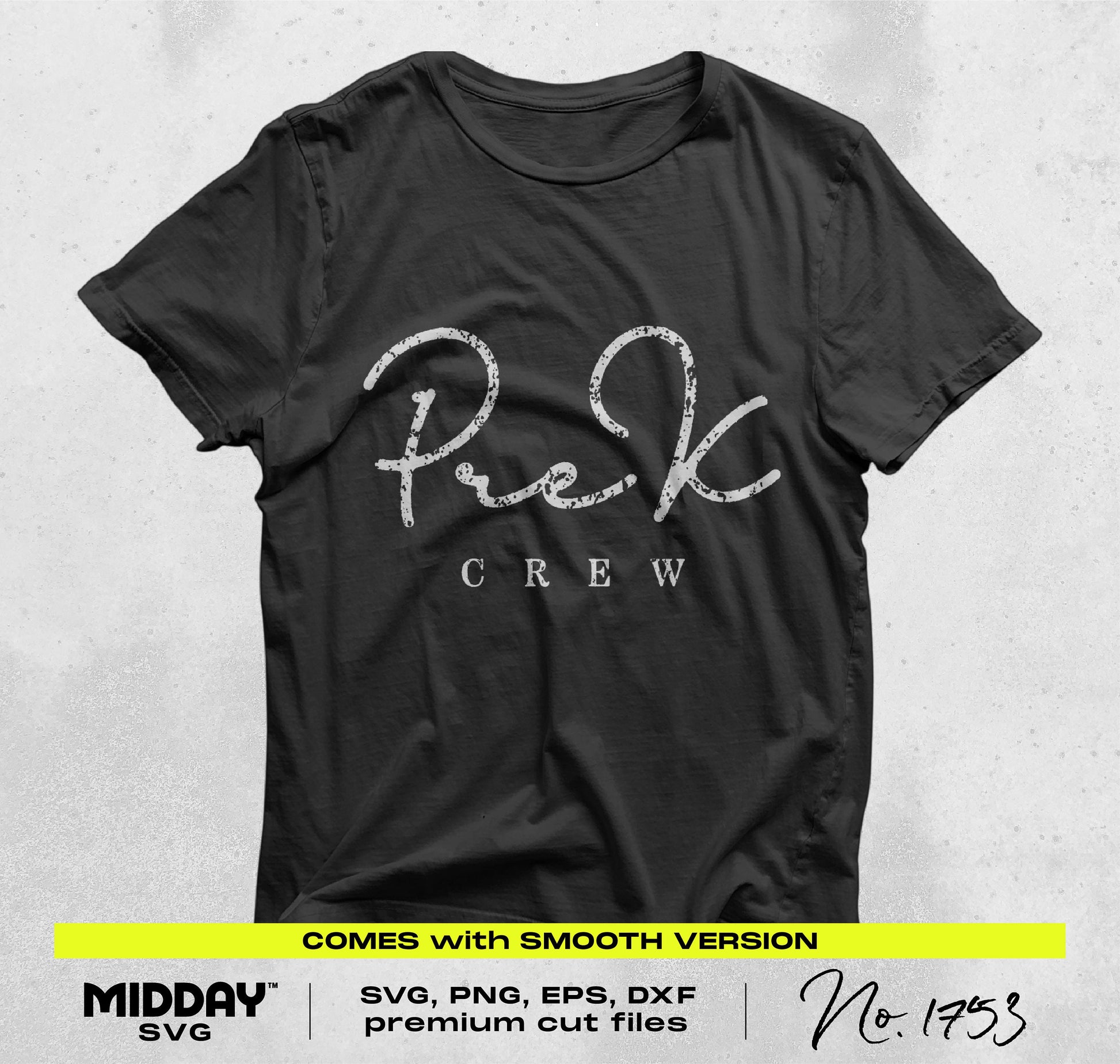 Black t-shirt with 'Pre-K Crew' design, perfect for Pre-K teachers. Includes SVG, PNG, EPS, DXF cut files for crafting.