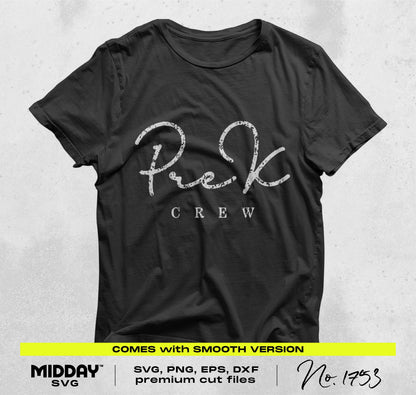 Black t-shirt with 'Pre-K Crew' design, perfect for Pre-K teachers. Includes SVG, PNG, EPS, DXF cut files for crafting.