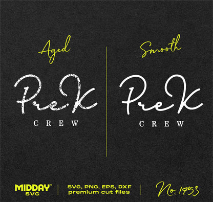 Pre-K Crew SVG design for shirts, featuring aged and smooth text styles, ideal for Pre-K teachers and classroom decor.