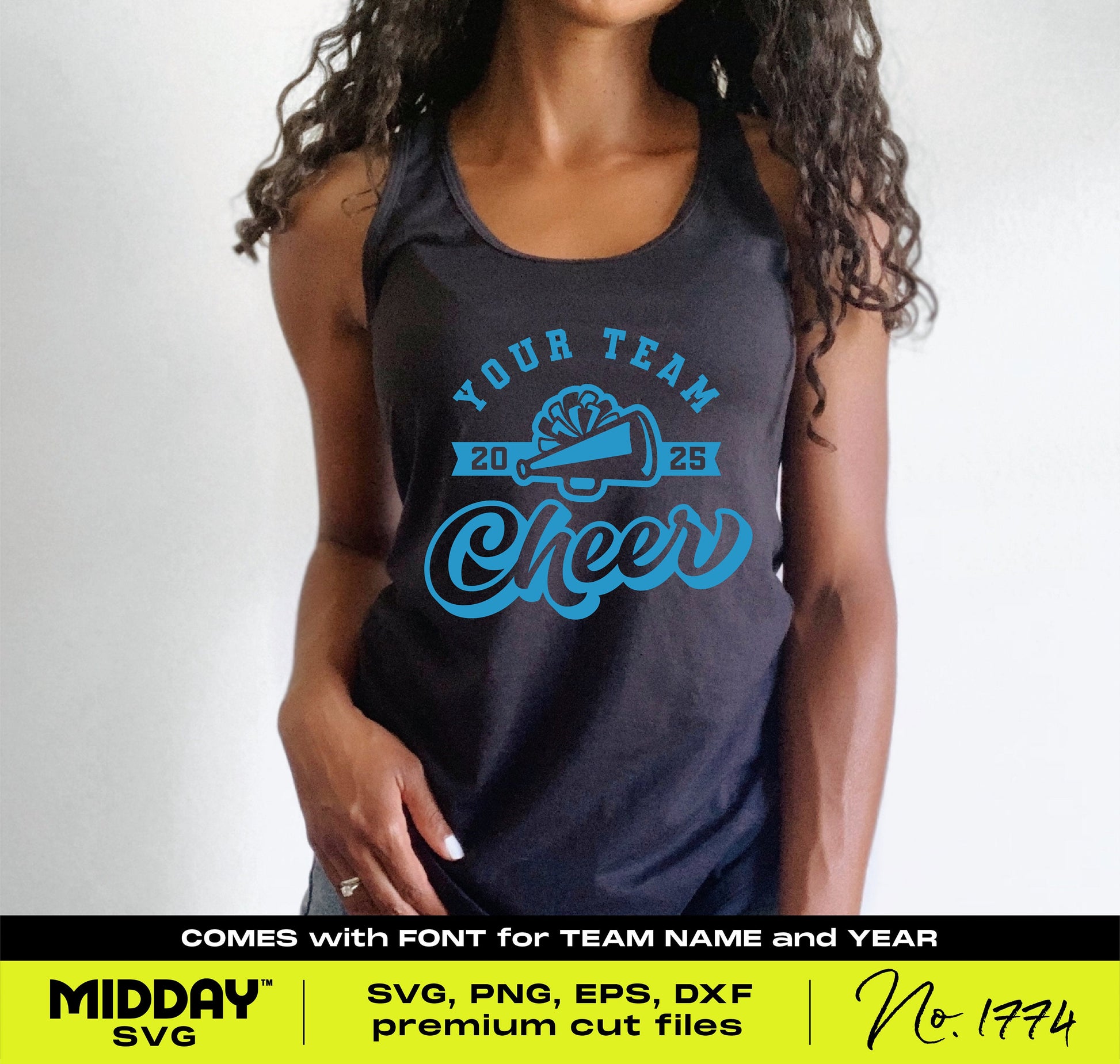 Woman wearing cheer team shirt with blue cheer design template, perfect for crafting projects. SVG available for Cricut.