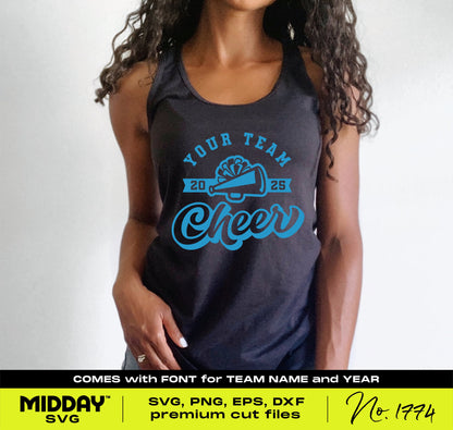 Woman wearing cheer team shirt with blue cheer design template, perfect for crafting projects. SVG available for Cricut.
