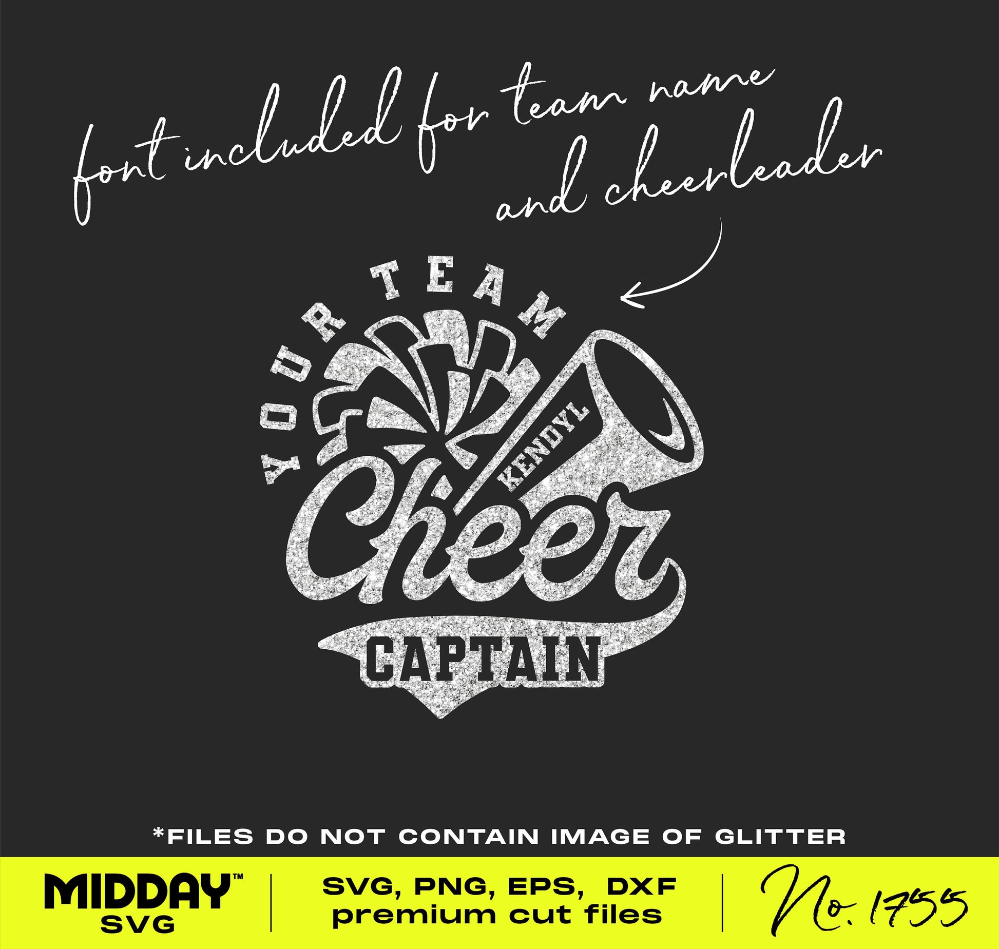 Cheer Team Captain SVG template with customizable font for team and mascot, featuring megaphone and pom poms design.