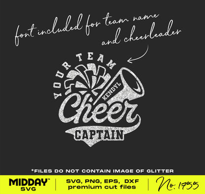 Cheer Team Captain SVG template with customizable font for team and mascot, featuring megaphone and pom poms design.