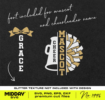 Cheer SVG template with megaphone, pom-pom, and customizable fonts for team and cheerleader names, digital download.