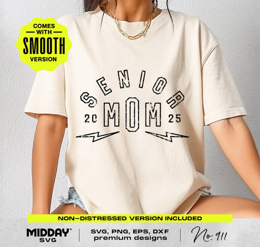 Vintage-style Senior Mom 2025 shirt mockup, available in SVG, PNG, EPS formats for Cricut and Silhouette design cut files.