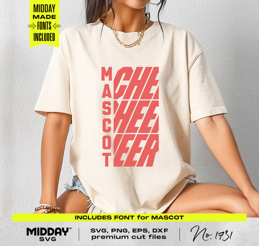 Bold Cheer Team Template SVG featuring stacked words 'Mascot Cheer' on a t-shirt, perfect for cheerleading-themed crafts.