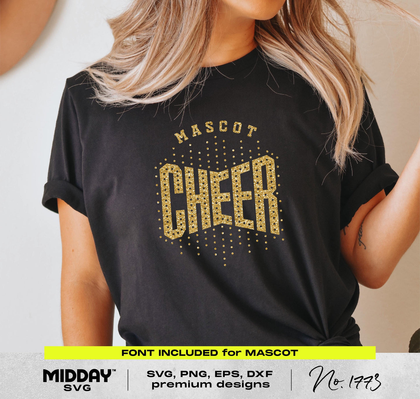 Woman wearing black shirt with gold dot design reading 'Mascot Cheer'. Perfect for cheer team shirts using SVG templates.