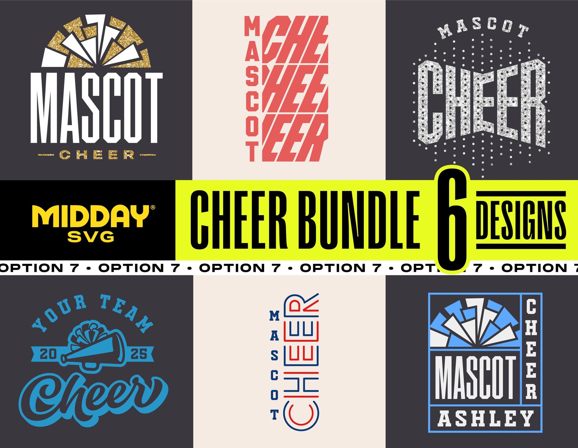 Cheer Bundle 7 SVG designs featuring mascot and cheer themes for Cricut and Silhouette, perfect for custom cheer team shirts.
