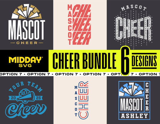 Cheer Bundle 7 SVG designs featuring mascot and cheer themes for Cricut and Silhouette, perfect for custom cheer team shirts.