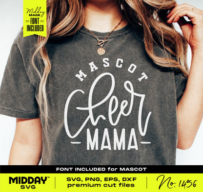 Woman wearing t-shirt with 'Mascot Cheer Mama' design, featuring premium SVG, PNG, EPS, DXF cut files by Midday SVG, font included.