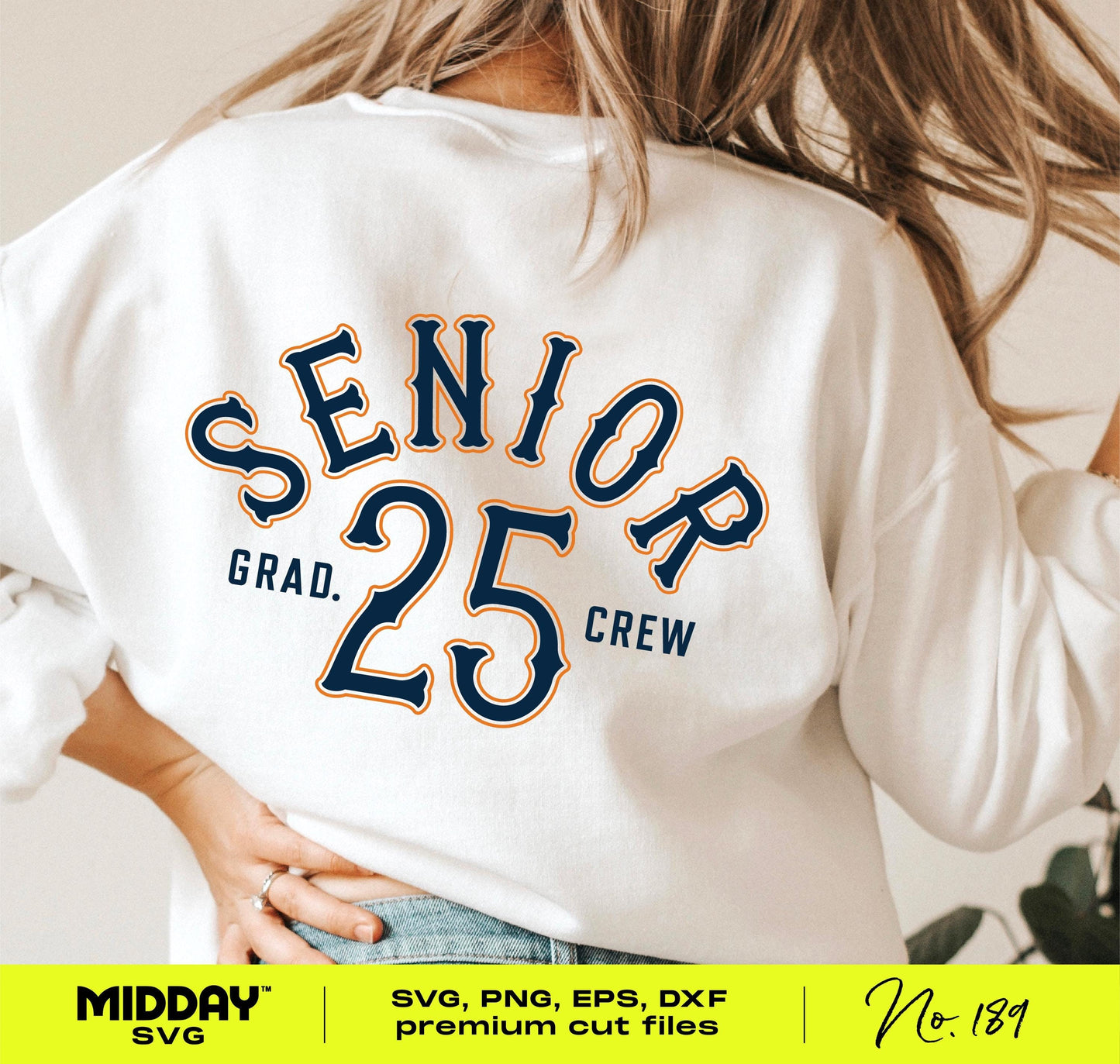 White shirt featuring 'Senior Grad Crew 25' design, SVG cut file for Cricut, ideal for class of 2025 high school graduates.