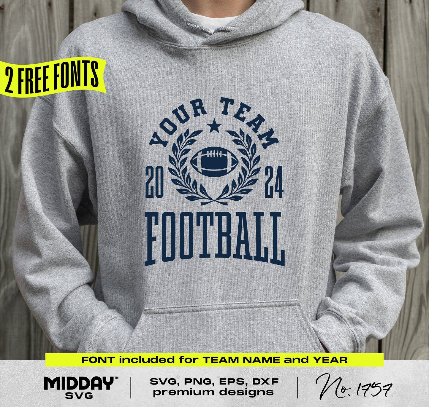 Collegiate football team design on a grey hoodie, featuring a customizable SVG template for creating custom team shirts with free fonts.
