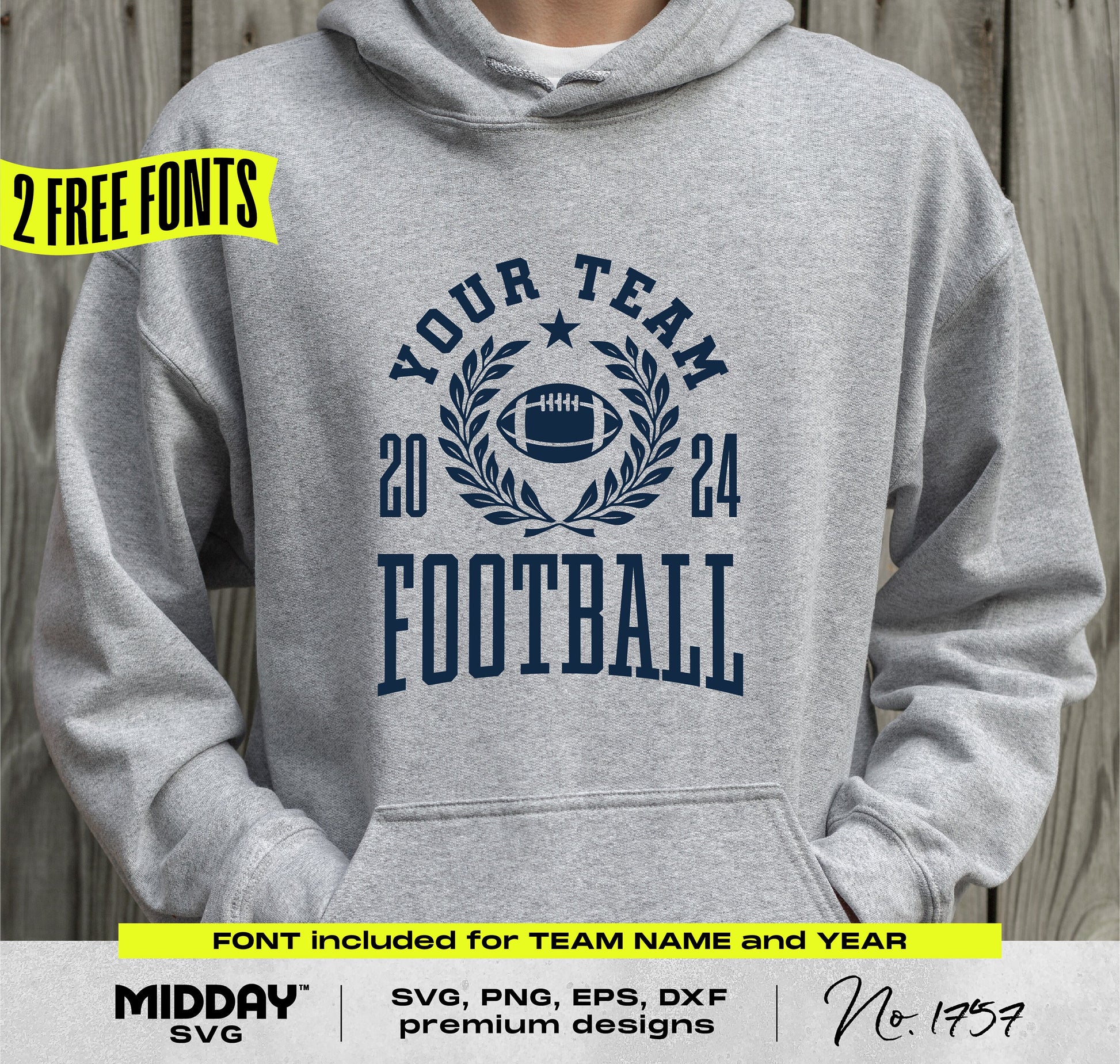 Collegiate football team design on a grey hoodie, featuring a customizable SVG template for creating custom team shirts with free fonts.