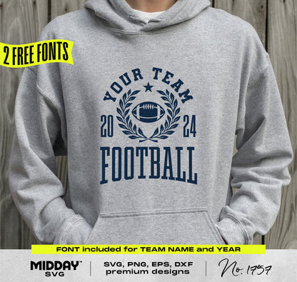 Collegiate football team design on a grey hoodie, featuring a customizable SVG template for creating custom team shirts with free fonts.
