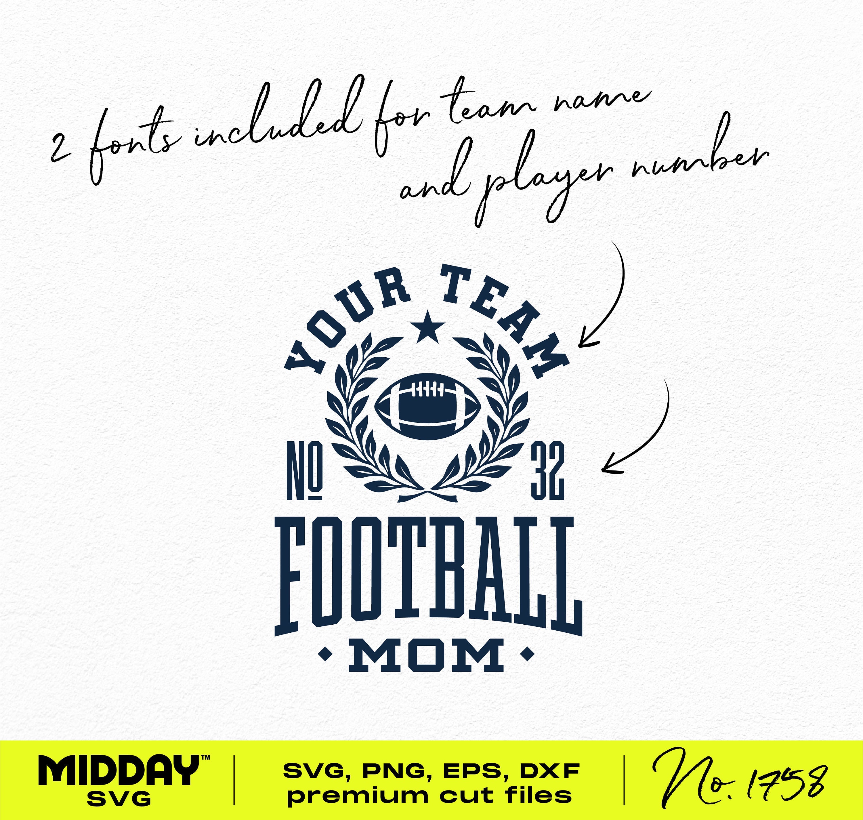 Collegiate Football Mom Svg Png, Senior Football Mom Shirt Design, DIY Customizable Template, Two fonts for the Mascot, player, and Number