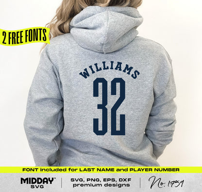 Gray hoodie featuring customizable varsity-style volleyball design with player name and number. Includes two free fonts for personalization.